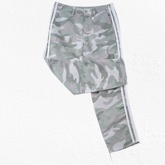 Mother Shaker Chop Crop Fray Pants Green Camo Print Linen Blend Pants Size 27 - Picture 1 of 12